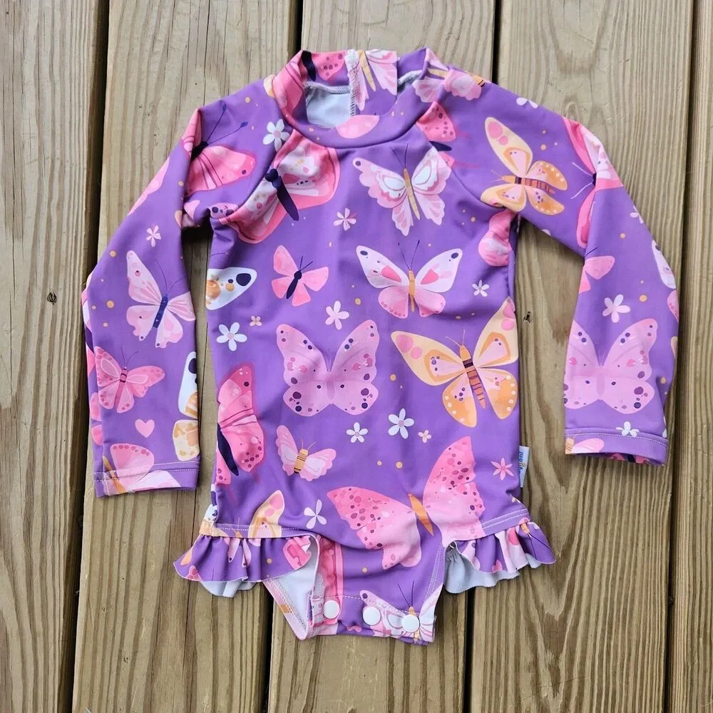 Baby Girl Butterfly Print One Piece Swimsuit & Hat Set 12-18M Ruffle Purple